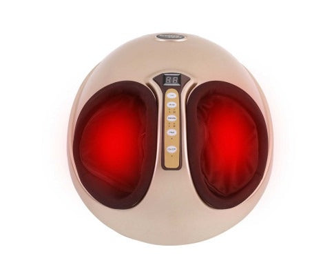 3D Shiatsu Heat Foot Massager in champagne gold, front hero view with enclosed foot chambers and full-wrap design to help relax tired feet.