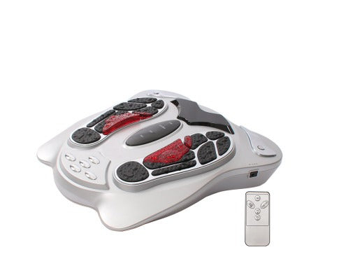 Electromagnetic foot massager in silver, hero angle showing LCD screen and footplates with remote control for adjustable modes and intensity.