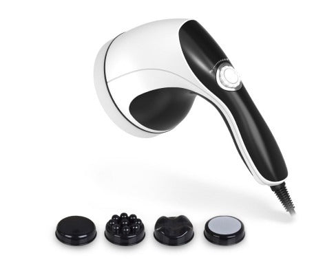 Full body vibration handheld massager with four interchangeable heads in a front hero view, showing ergonomic handle and protective net cover for safe everyday use.