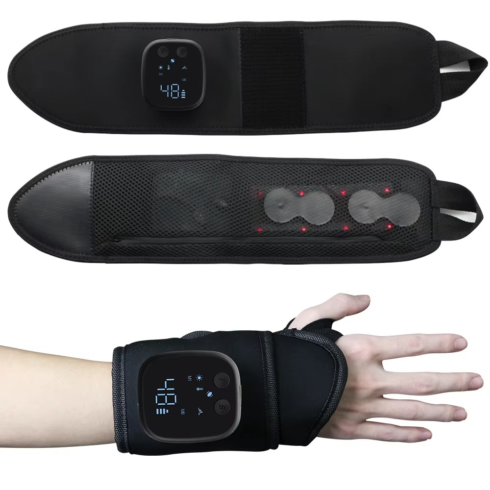 Heated EMS wrist massager brace in a breathable sleeve, front hero view showing USB powered design for everyday wrist support and comfort.