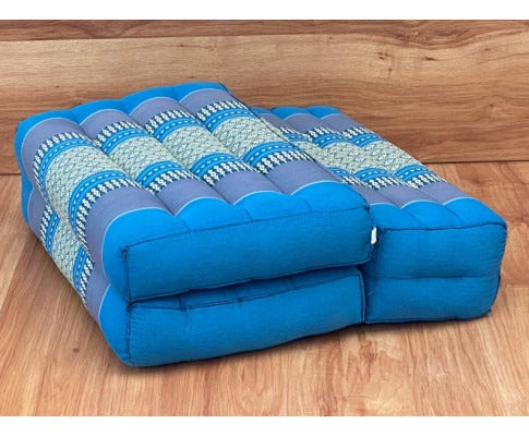Kapok zafu meditation cushion set in tri fold layout, front view, showing handmade cotton cover, stripe handle and supportive kapok filling for hips and back.