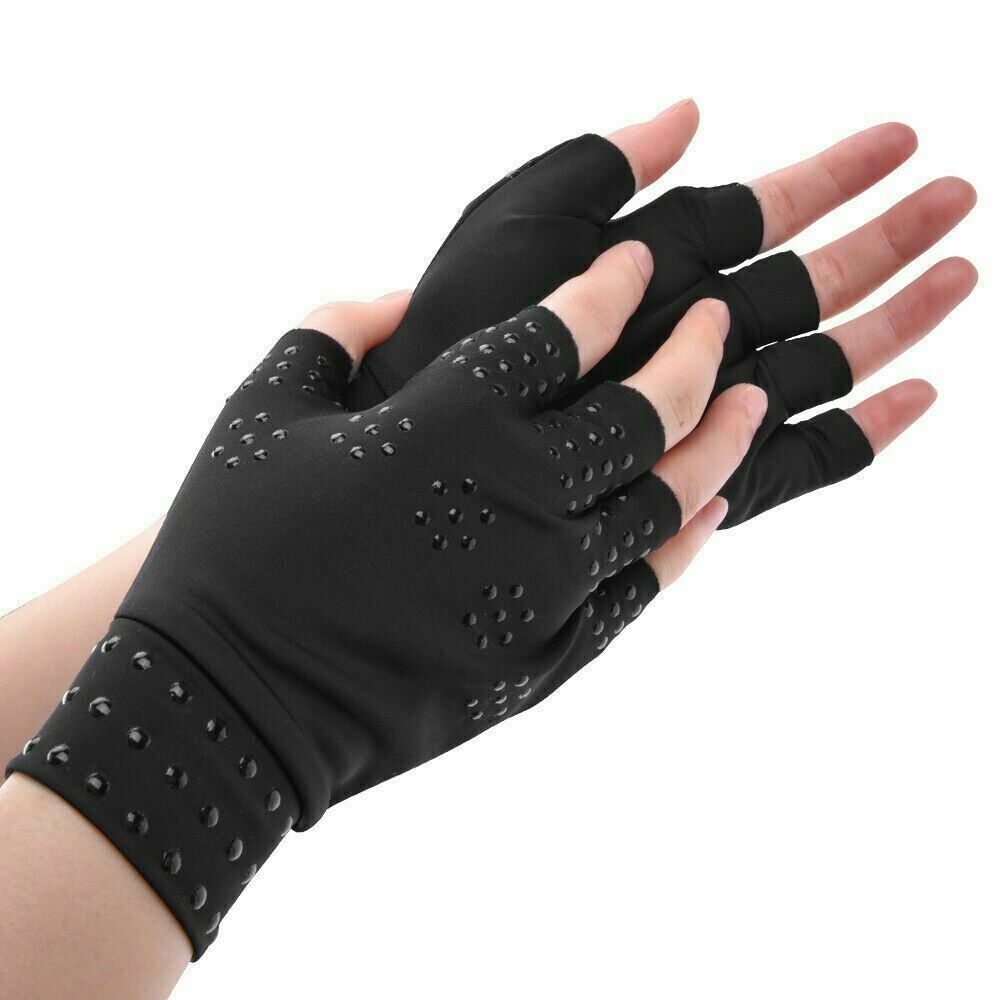 Magnetic compression gloves in black and beige shown front on, open fingertip design to support hand and wrist comfort.