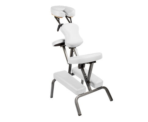 White portable massage chair front view with adjustable headrest, armrest and padded supports for comfortable seated massage.
