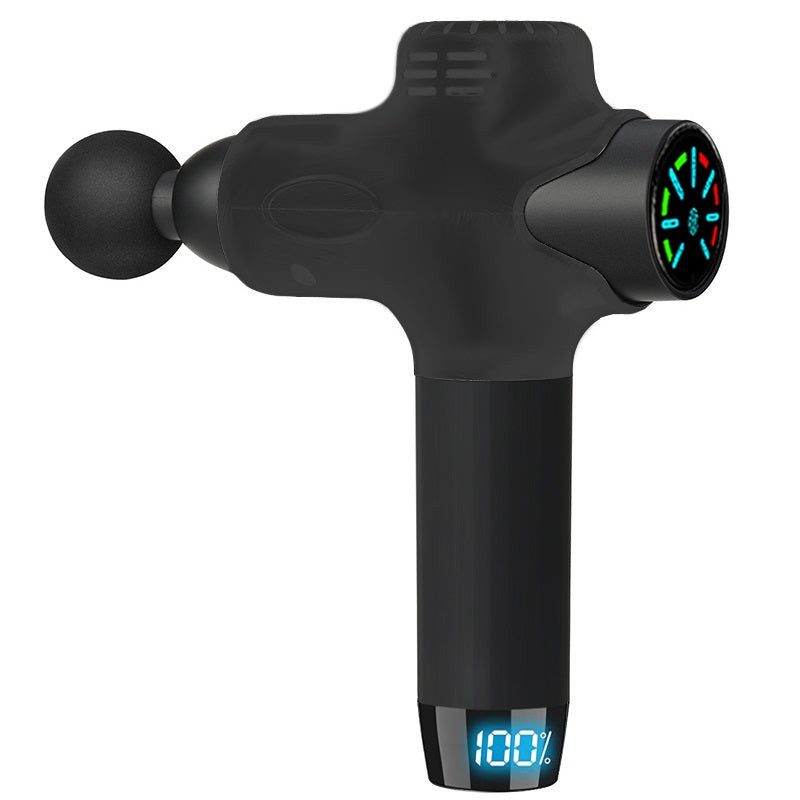 ProMax massage gun front view with LCD battery display, six interchangeable heads and ergonomic grip, helps support deep tissue recovery.
