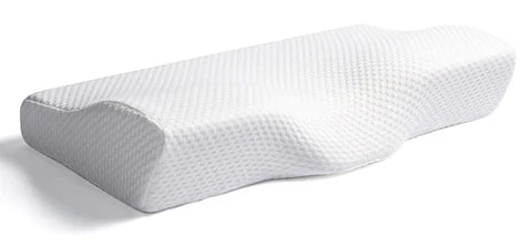 Orthopaedic memory foam pillow, front view, contoured for neck support with a breathable, removable, machine-washable cover for all sleep positions.