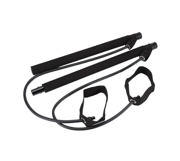 Multifunctional Pilates bar in hero view with detachable metal tube, cushioned foam grips, and resistance bands with foot rings for portable full-body training.