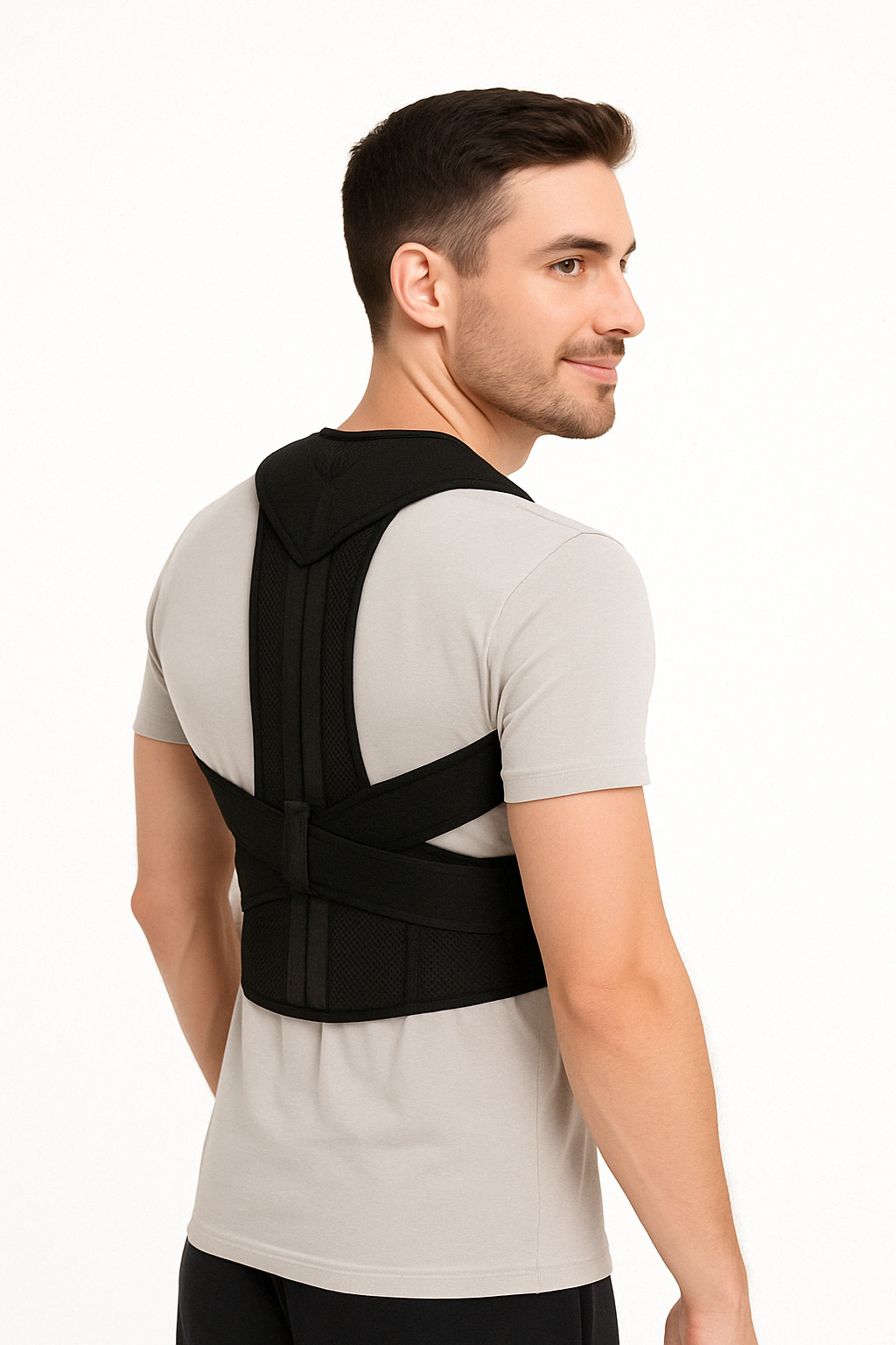 Posture corrector back brace, hero front view, breathable padding with cross-strap design that helps support upright shoulder alignment.