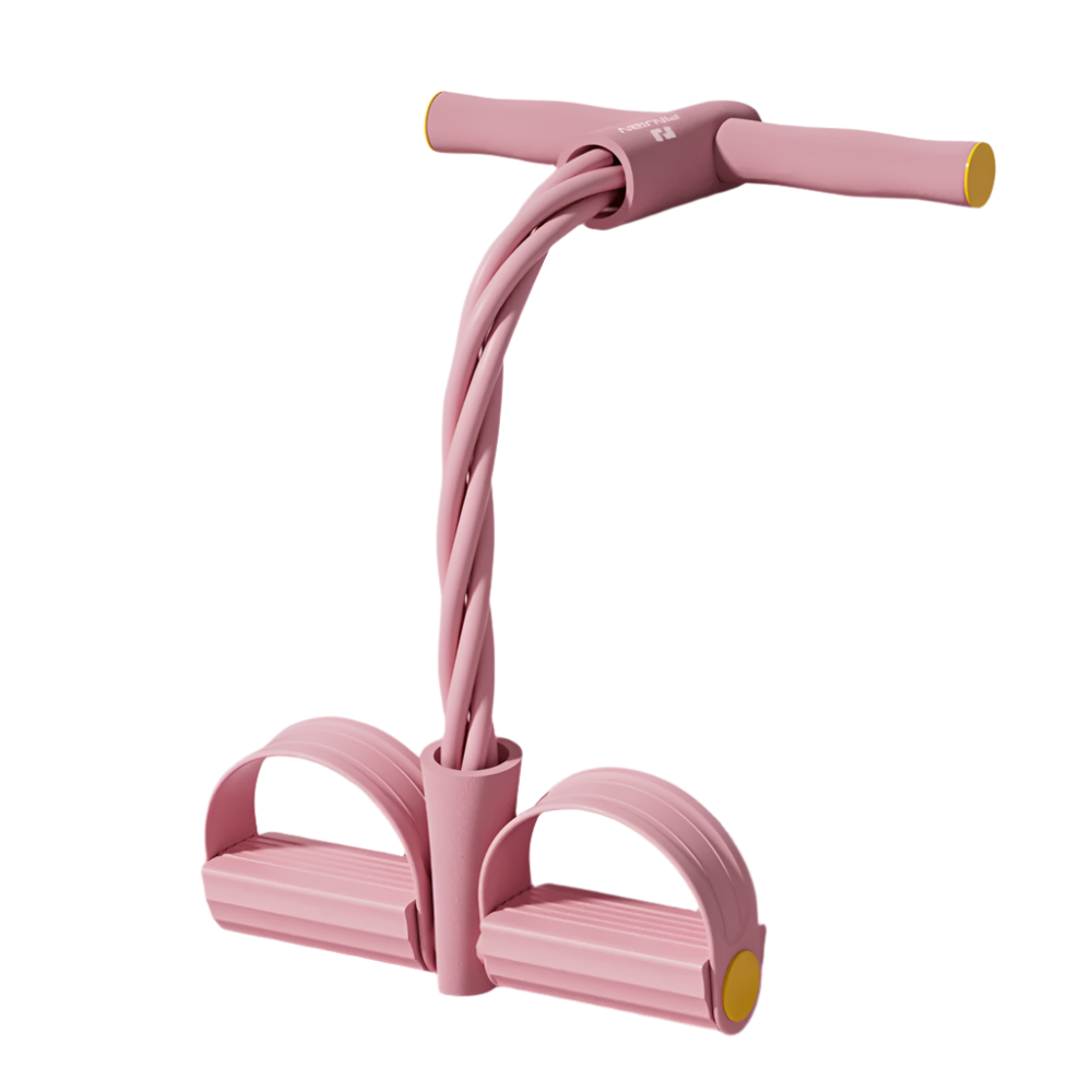 Aussie Revive 4 tube yoga pedal puller resistance band shown front on with foam handles and soft TPE foot pedals for full body toning.