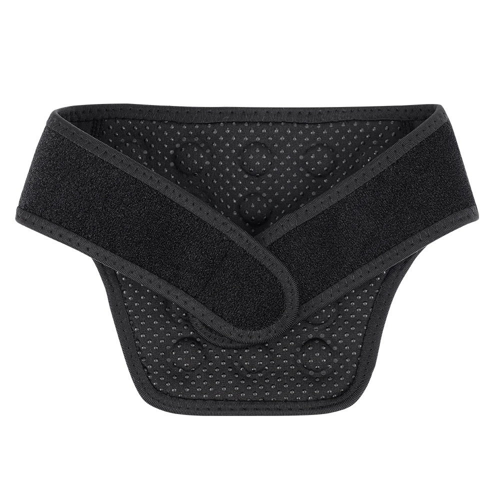 Black tourmaline self heating magnetic neck brace, front hero view highlighting wide support panel and soft fabric finish.