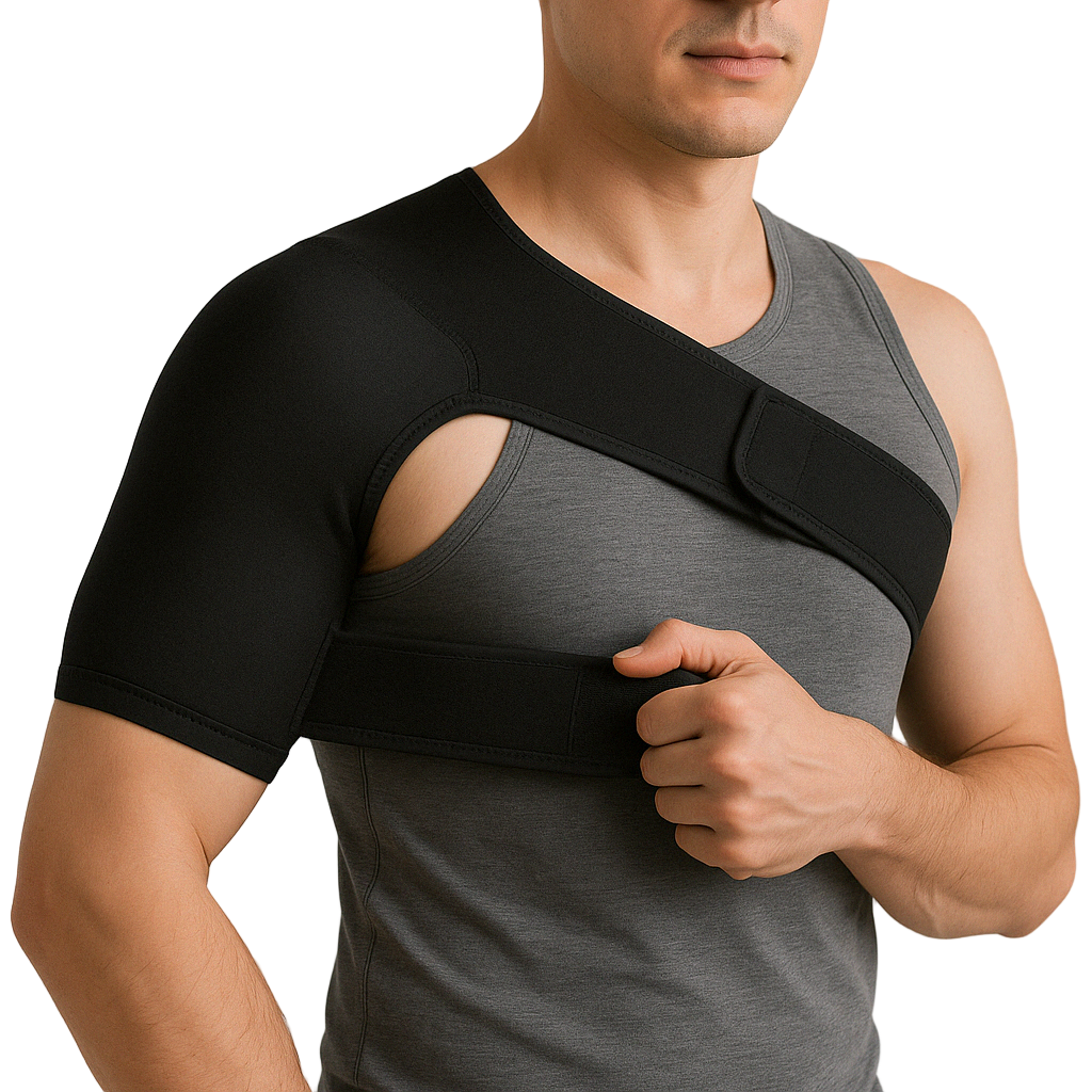 Shoulder brace compression support, front view, adjustable one-size design with hook-and-loop straps that helps support shoulder stability for daily wear.