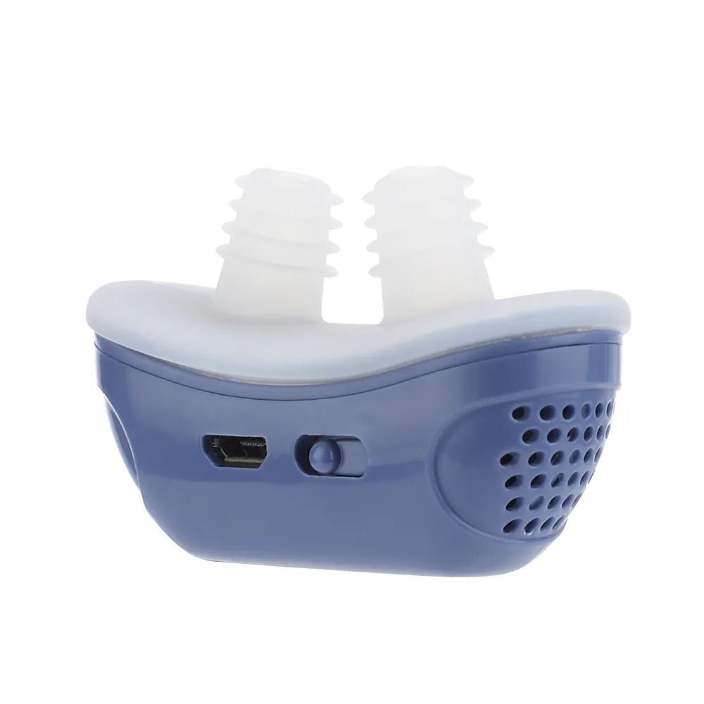 Electric anti snoring nasal dilator in hero view showing blue USB rechargeable body and soft food grade silicone tips for comfortable airflow support.