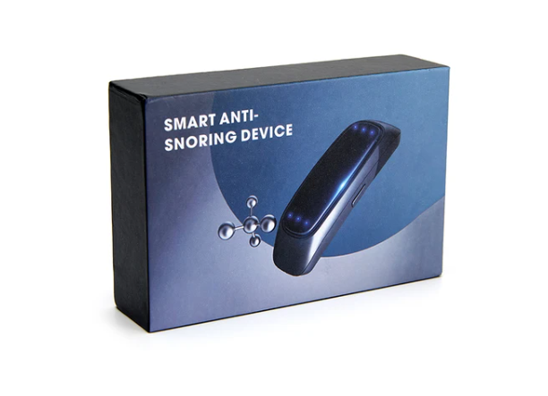 Electric smart anti snoring ear hook in hero view with adjustable intensity indicator, designed to detect snoring and deliver gentle low-frequency pulses.
