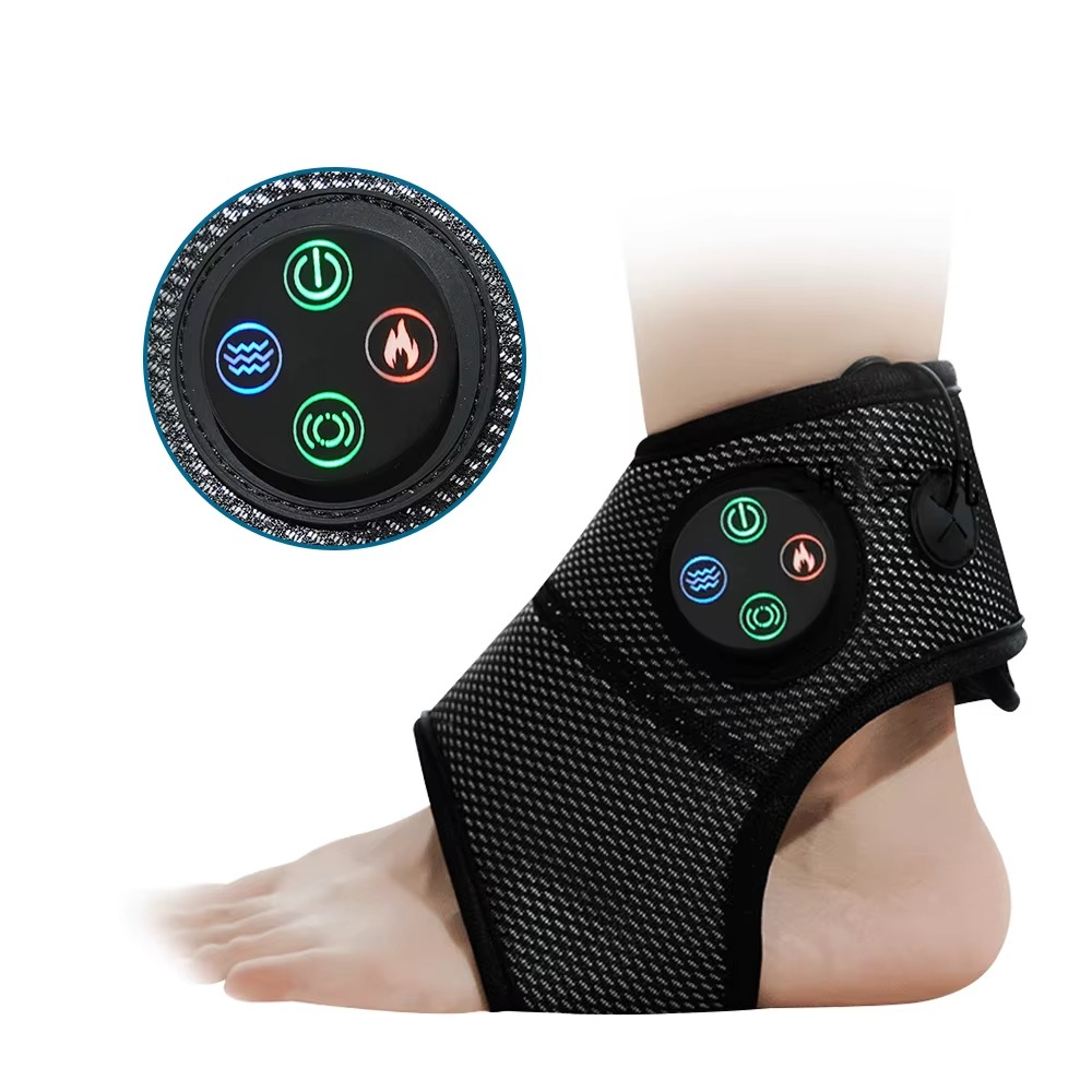 Smart ankle massage brace with heat, air compression and vibration in black and grey, front hero view on a clean white background.