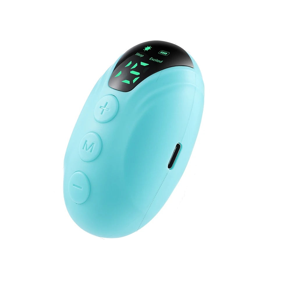 Smart sleep aid handheld instrument front view, with ergonomic grip and simple controls to help support more restful nights.