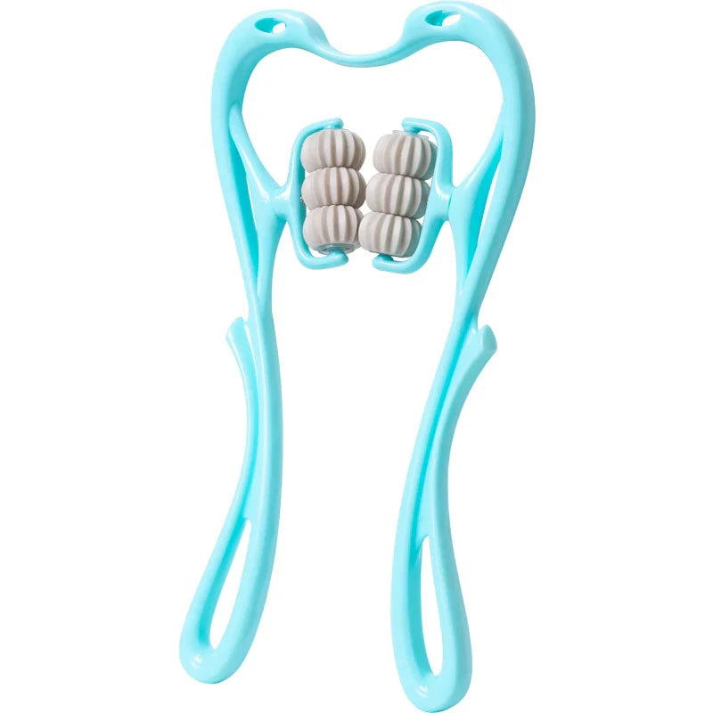 Therapy neck massager front view with six soft roller heads and swan handle, manual design for adjustable pressure on tense neck and shoulder areas.