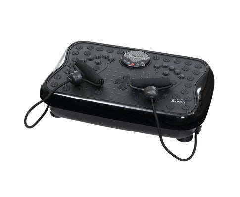 Aussie Revive black vibration machine platform front view with digital controls and bands to support whole body exercise.