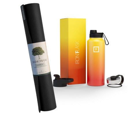 Aussie Revive yoga mat and stainless steel bottle bundle supporting yoga practice and convenient hydration.