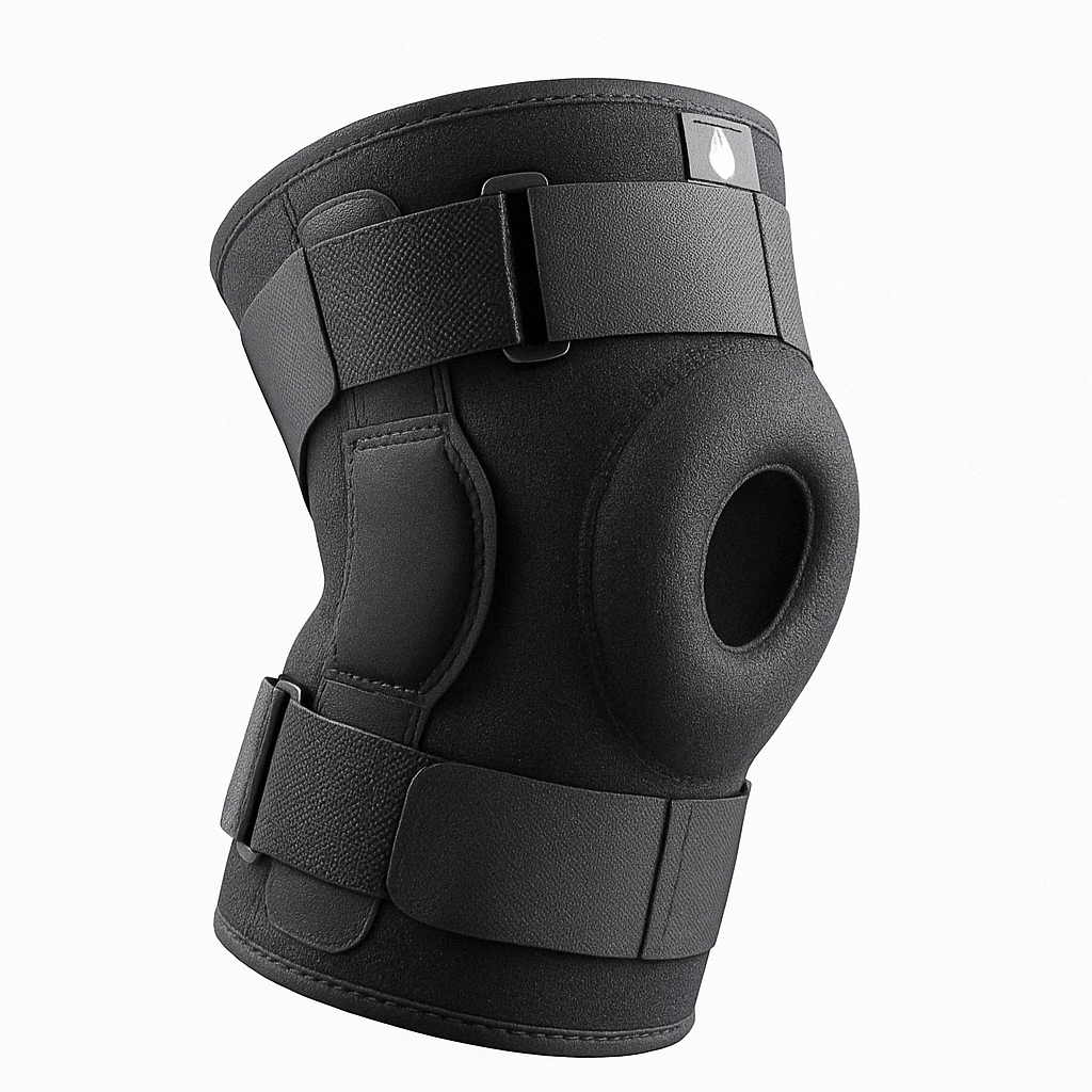 Hinged knee brace stabiliser, front angle, showing open-patella gel pad, detachable dual hinges, four adjustable straps, and anti-slip silicone lining for steady support.