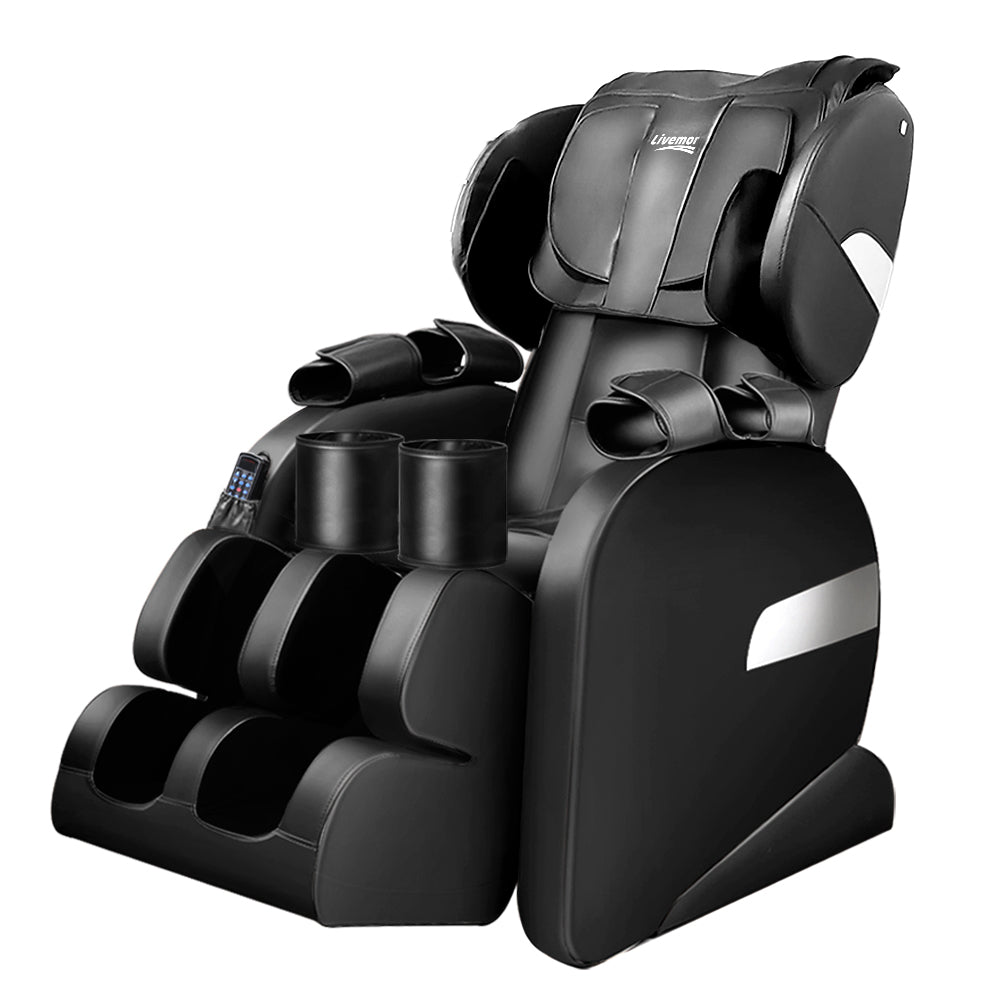 Shiatsu zero gravity massage chair, front hero view, showing remote control and heated back zone for adjustable full-body comfort.