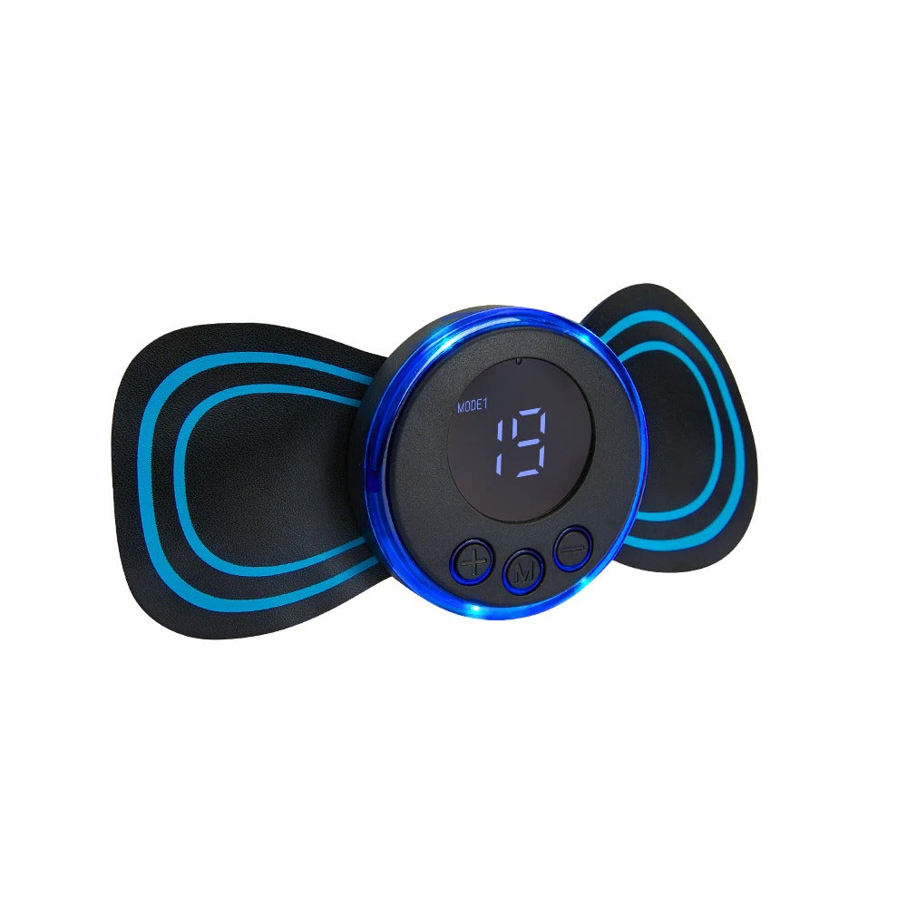 Portable EMS body massager, front view on gel pad, showing simple controls and USB rechargeable design that helps support everyday muscle comfort.