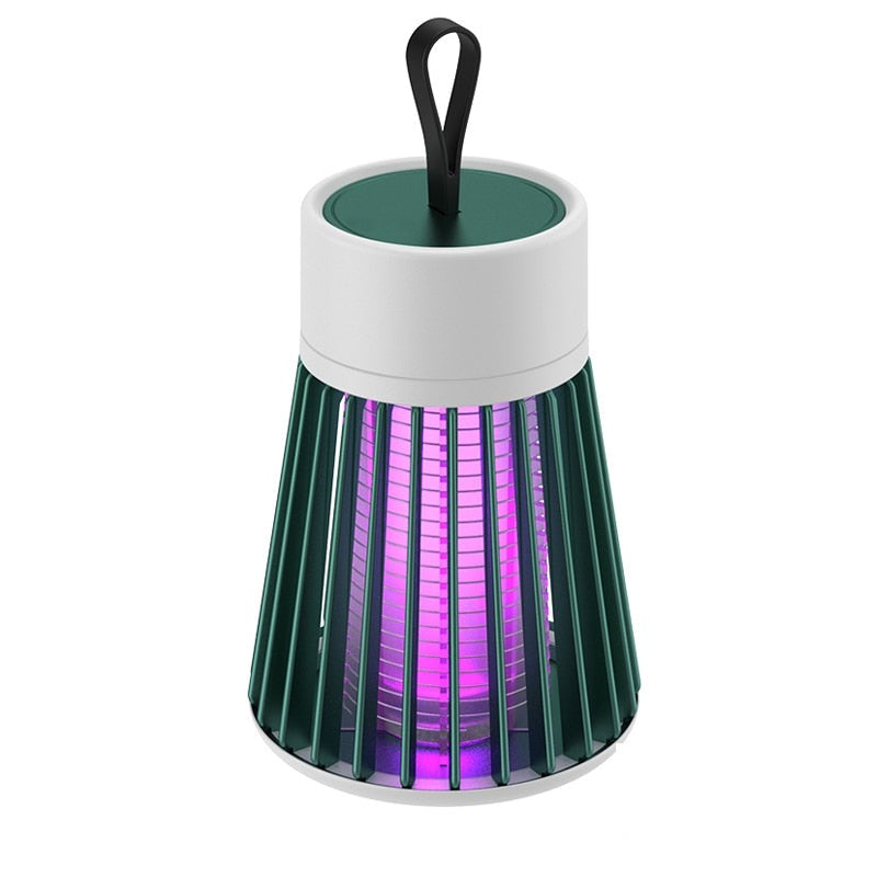 Mosquito trap lamp, front angle, showing 365–395 nm UV light housing with internal electric grid, USB power input, and removable collection tray for easy cleaning.