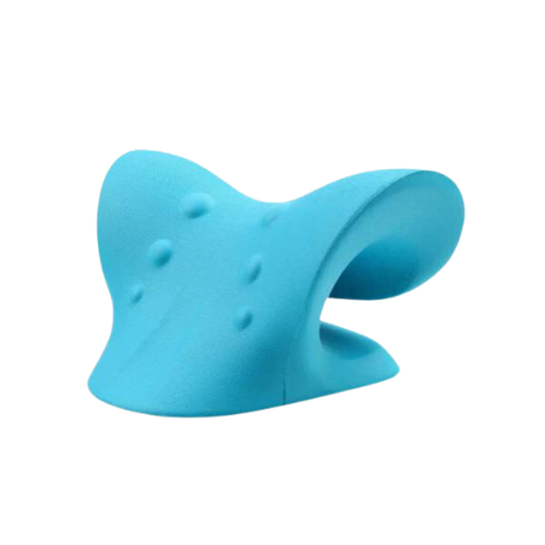 Neck and shoulder stretcher, hero view in blue, showing dual-sided cervical support with 12 massage points designed to help relax the base of the skull.