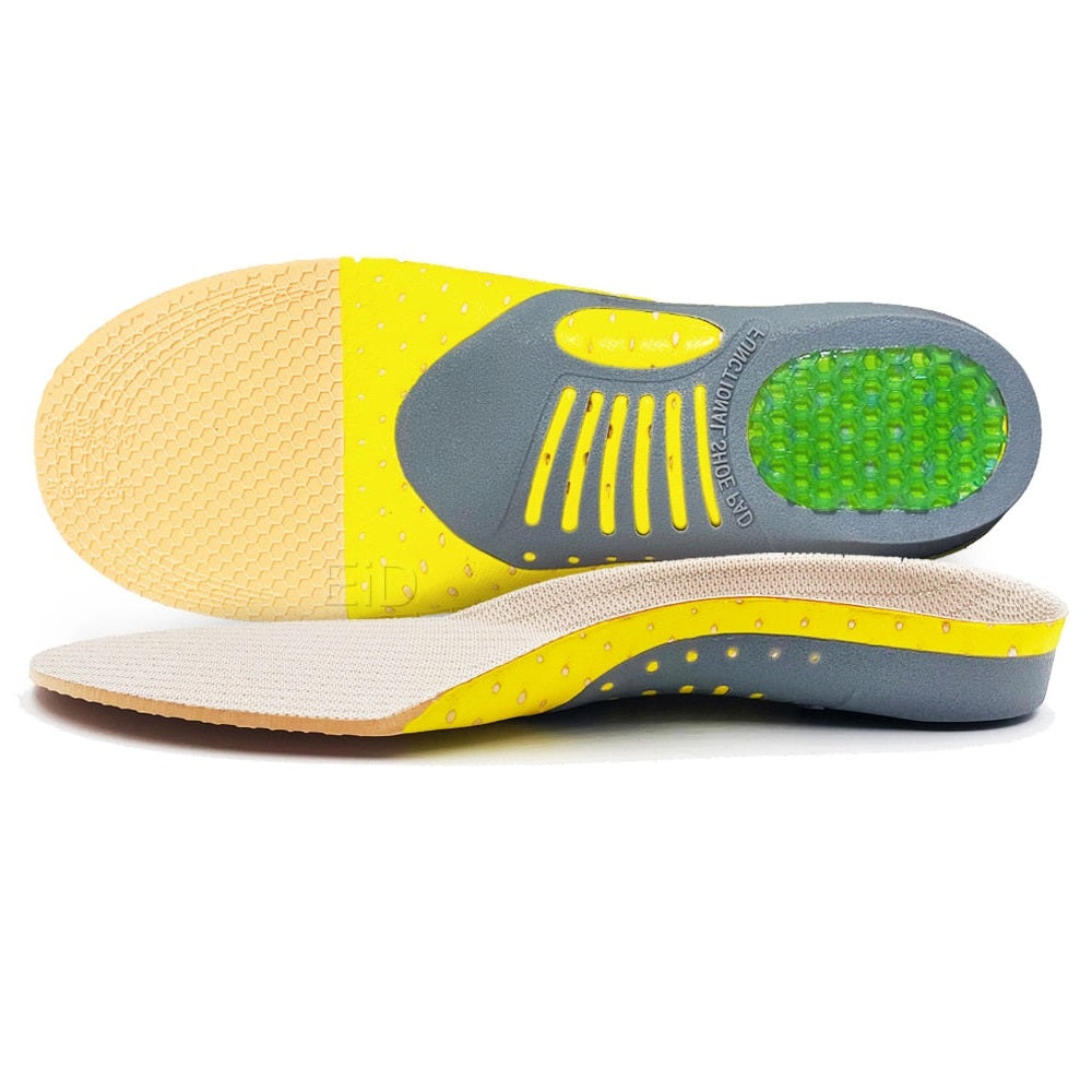 Orthotic gel insoles, front view, showing supportive arch shape and trim-to-fit guides designed to help spread pressure for everyday walking and running comfort.