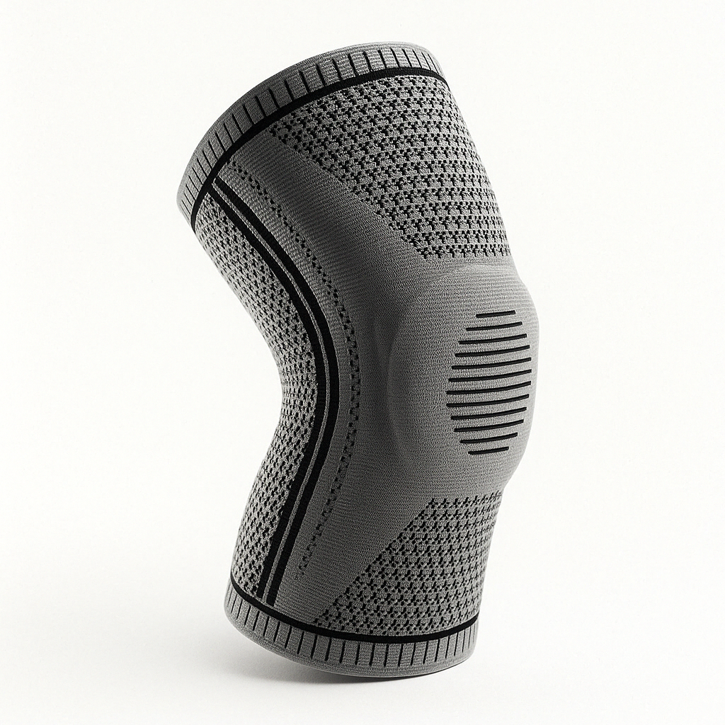 Silicone knee compression brace, front angle, showing patella gel pad, double side stabilisers, anti-slip lining, and 3D knit for supportive everyday wear.