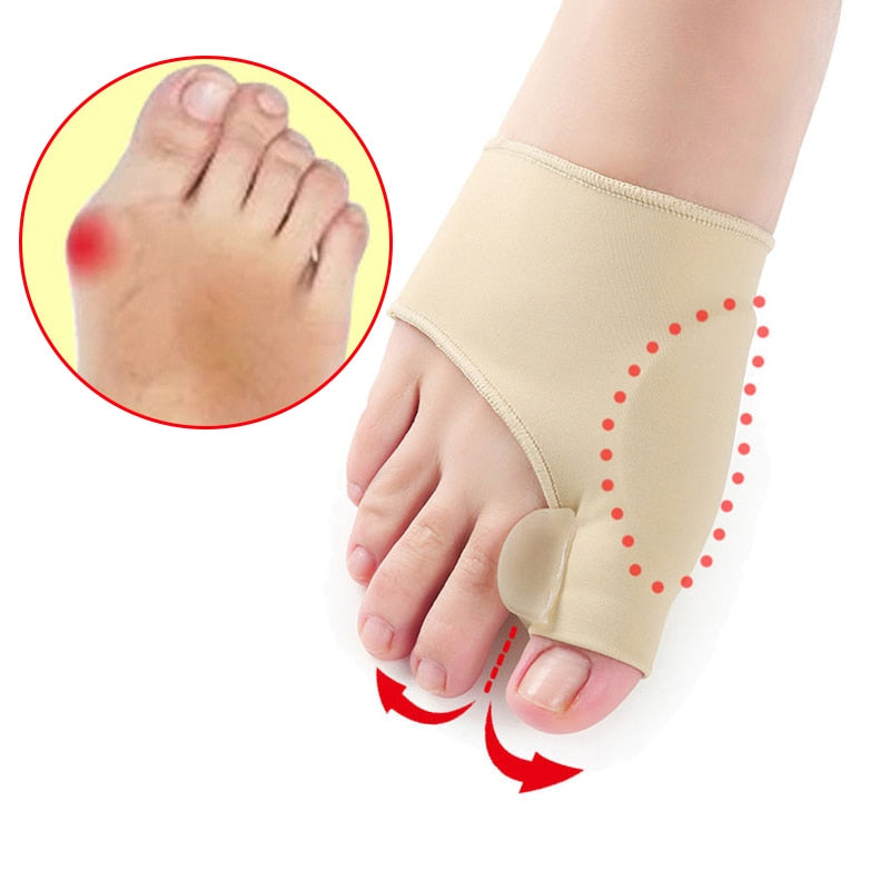 Pair bunion corrector toe straightener, hero front view, soft-gel separator with flexible fabric sleeve that helps reduce toe rubbing.